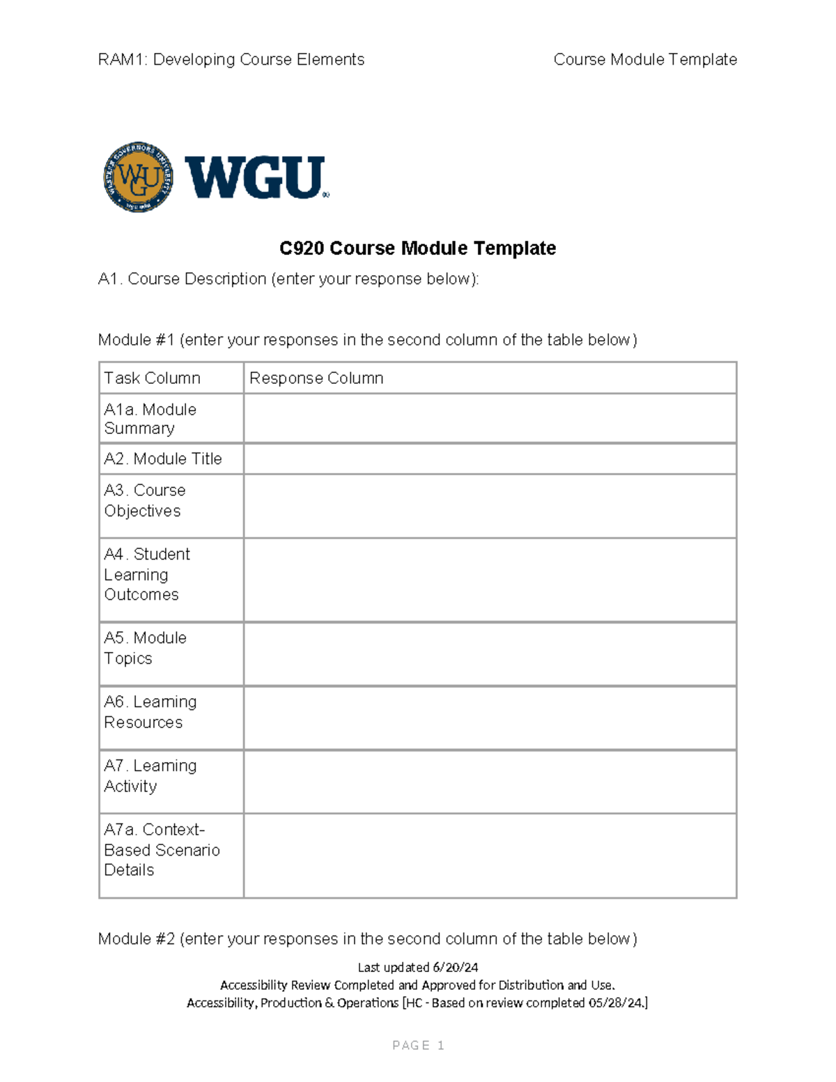 RAM1: Course Module Template C920 - Developing Course Elements - Studocu