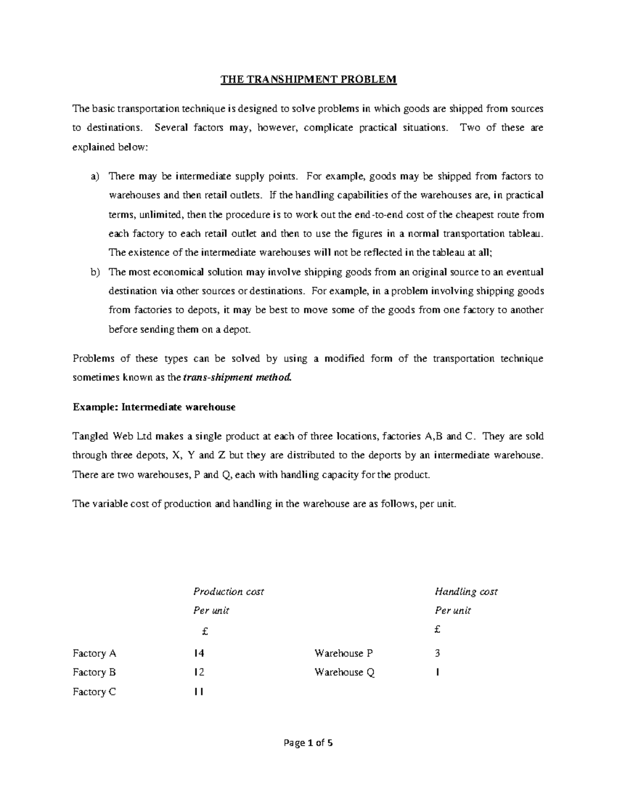 EES 402 Notes: Understanding the Transhipment Problem - Studocu