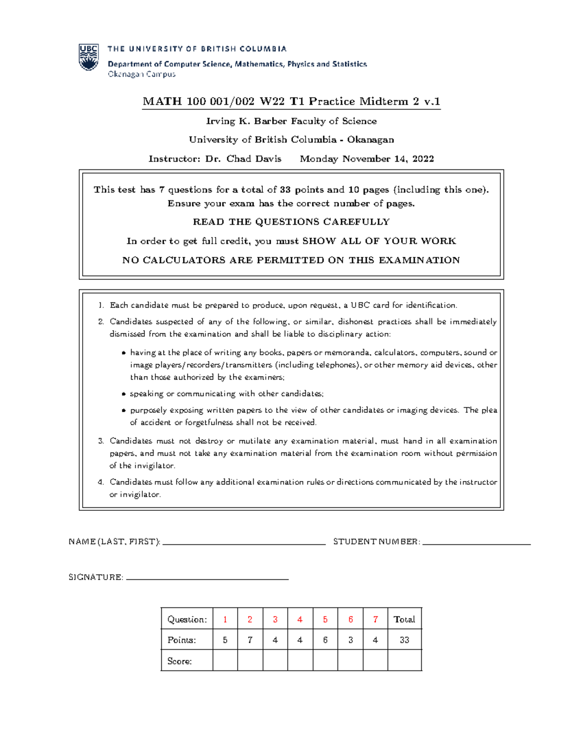 MATH 100 W22 T1 Practice Midterm 2 - Dr. Chad Davis - Studocu