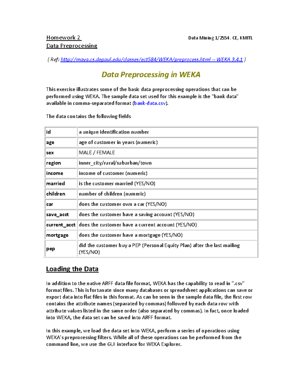 Homework 2: Data Preprocessing Techniques in WEKA (CE, KMITL) - Studocu