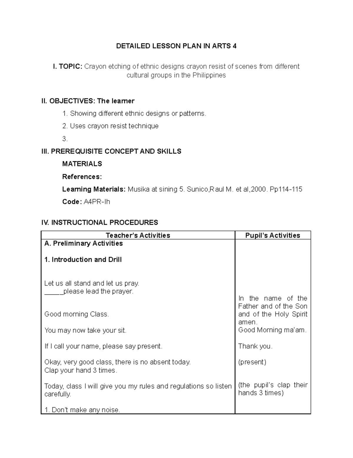 Revised Detailed Lesson Plan in ARTS 4: Crayon Etching Techniques - Studocu
