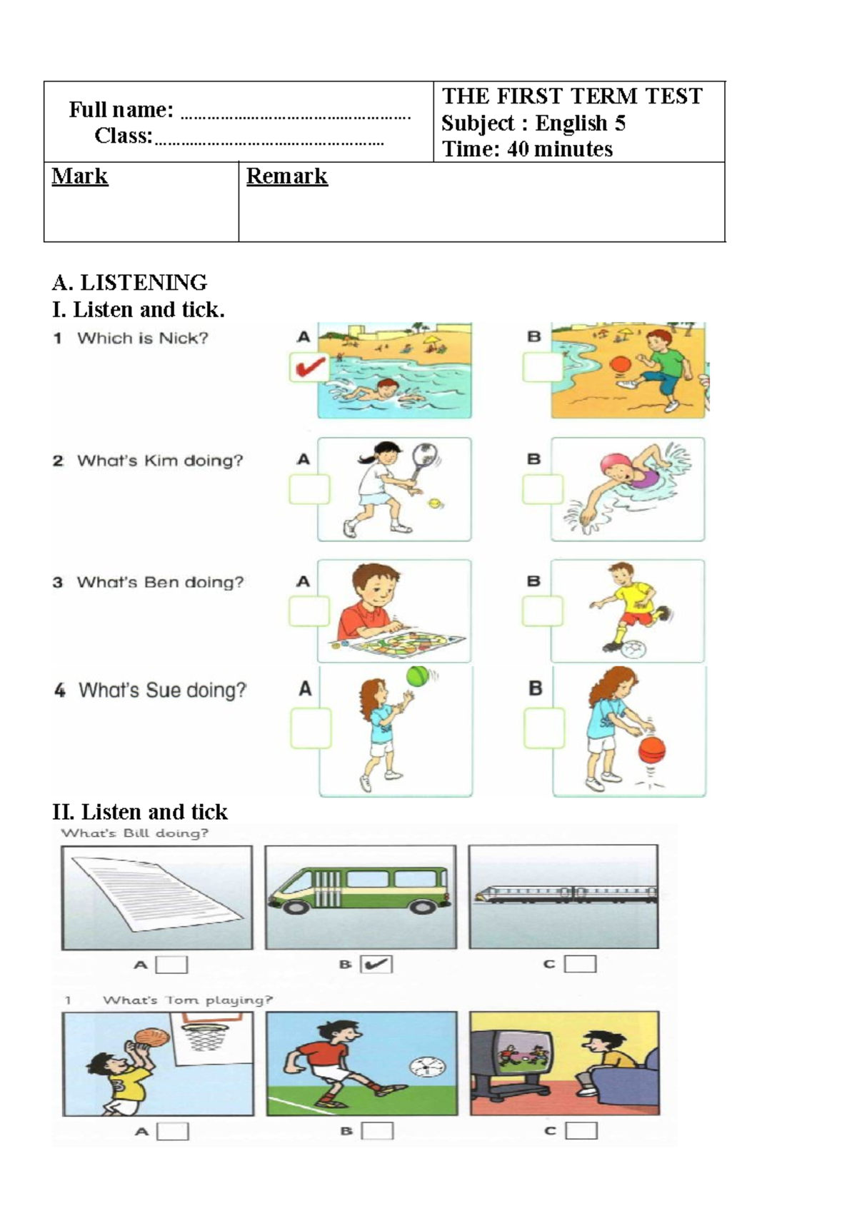 English 5: First Term Test Listening & Reading Exercises - Studocu