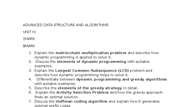 ADVANCED DATA STRUCTURE & ALGORITHMS UNIT IV 2 & 8 MARKS NOTES - Studocu