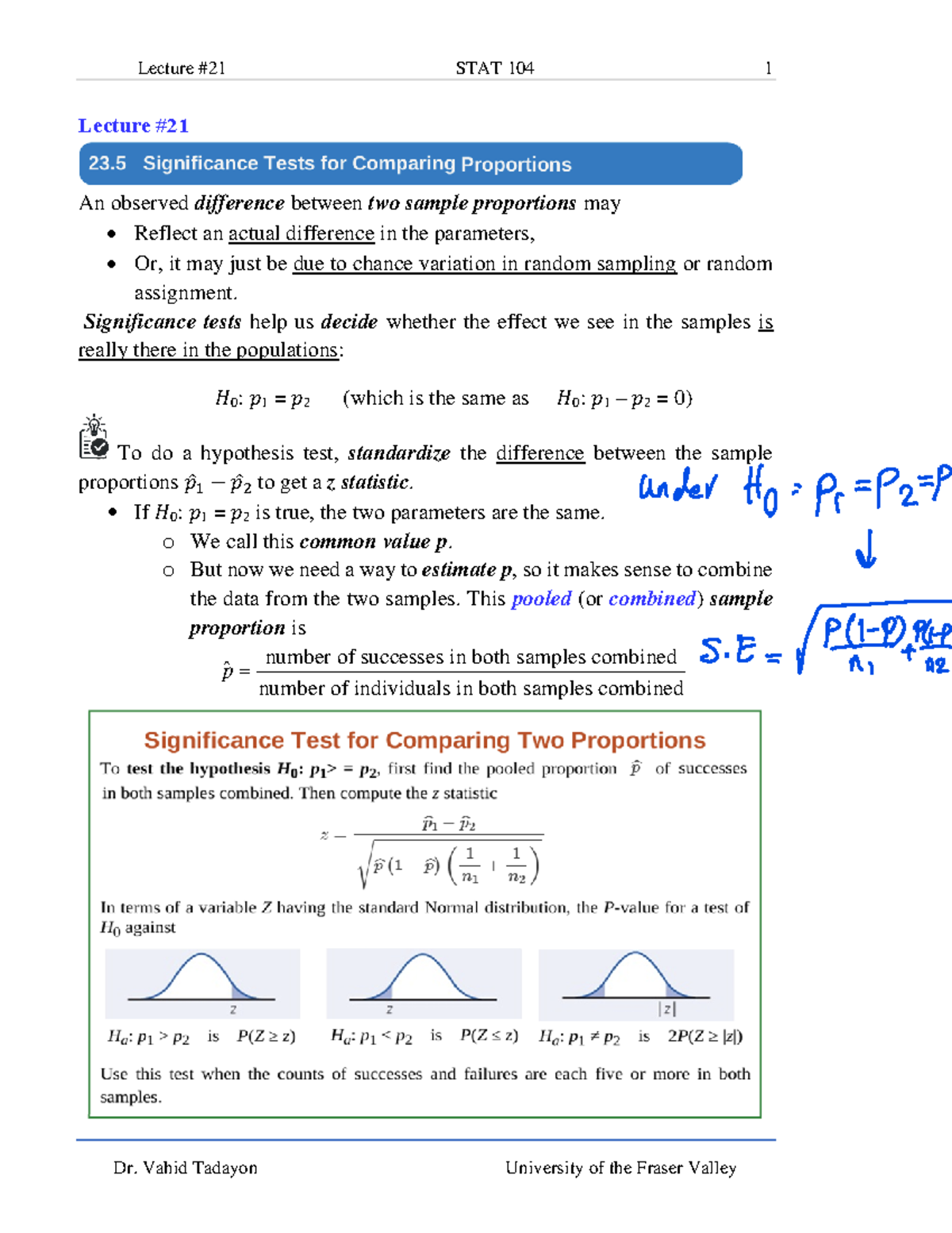 STAT 104 Lecture #21: Hypothesis Testing for Proportions & Chi-Square ...