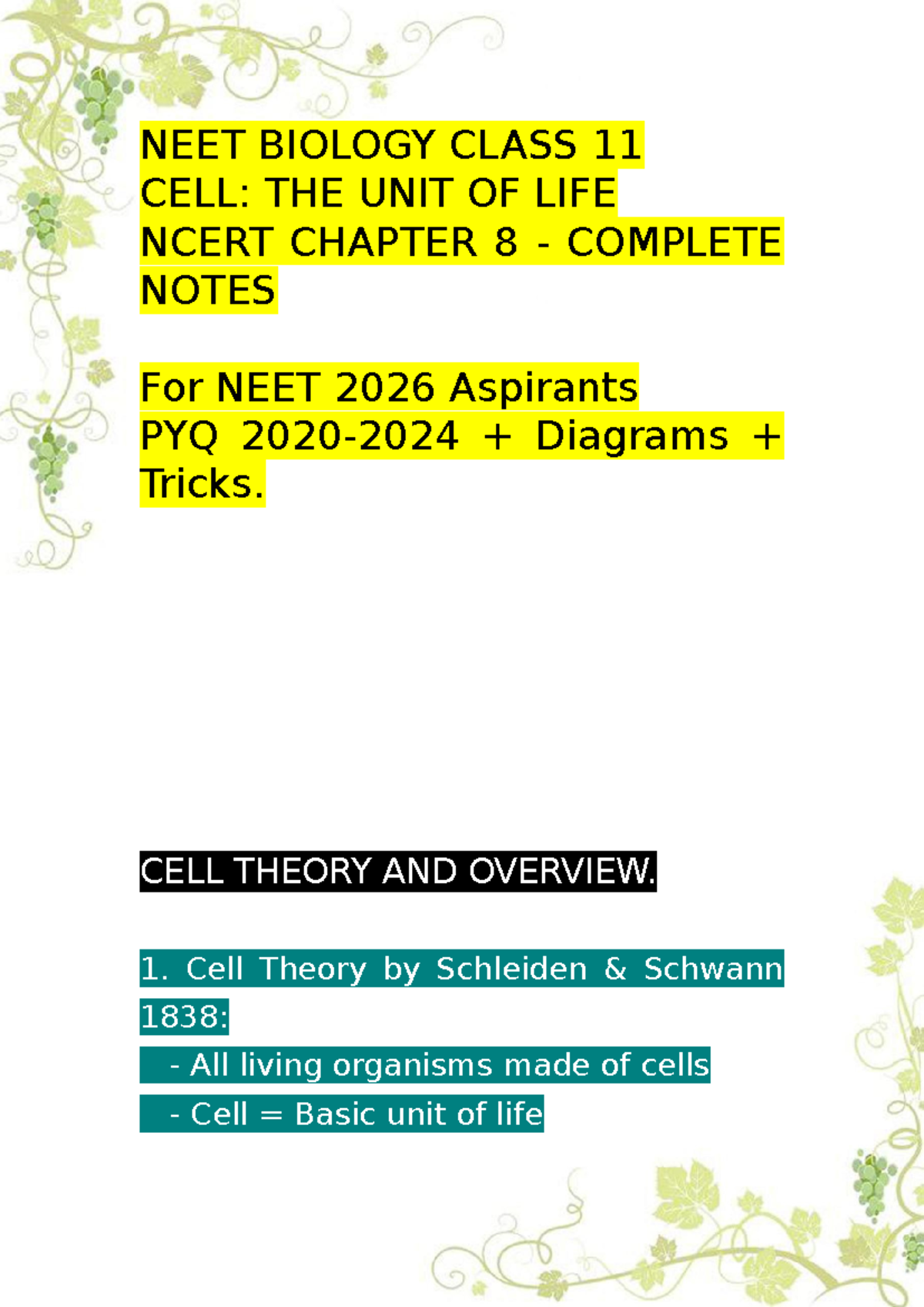 NEET BIOLOGY CLASS 11: CELL - THE UNIT OF LIFE NCERT NOTES & PYQ 2020 ...