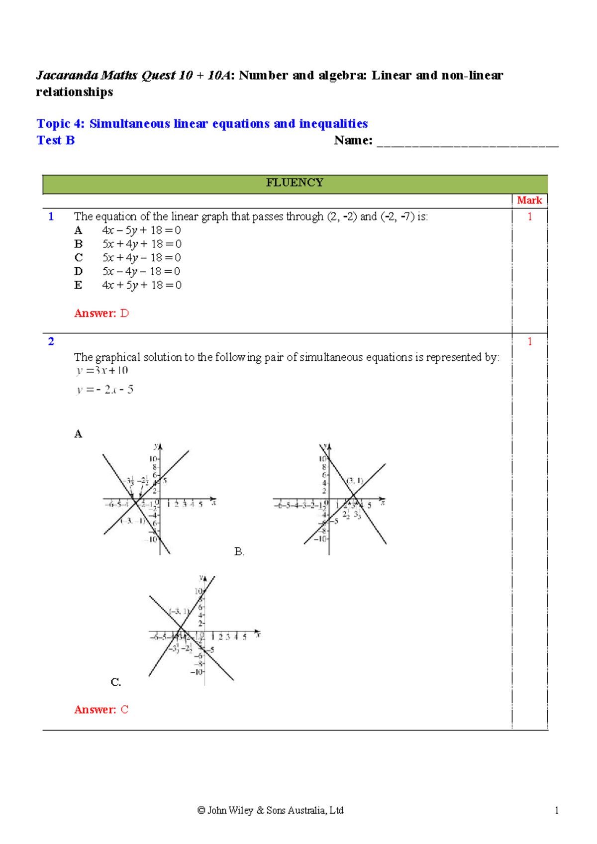 Maths Quest 10 10A: Topic 4B Simultaneous Linear Equations Test B ...