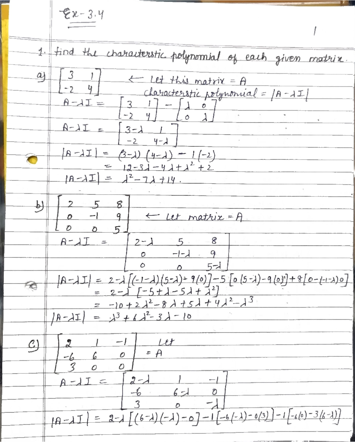 Finding the Characteristic Polynomial of Given Matrices - MATH 101 ...