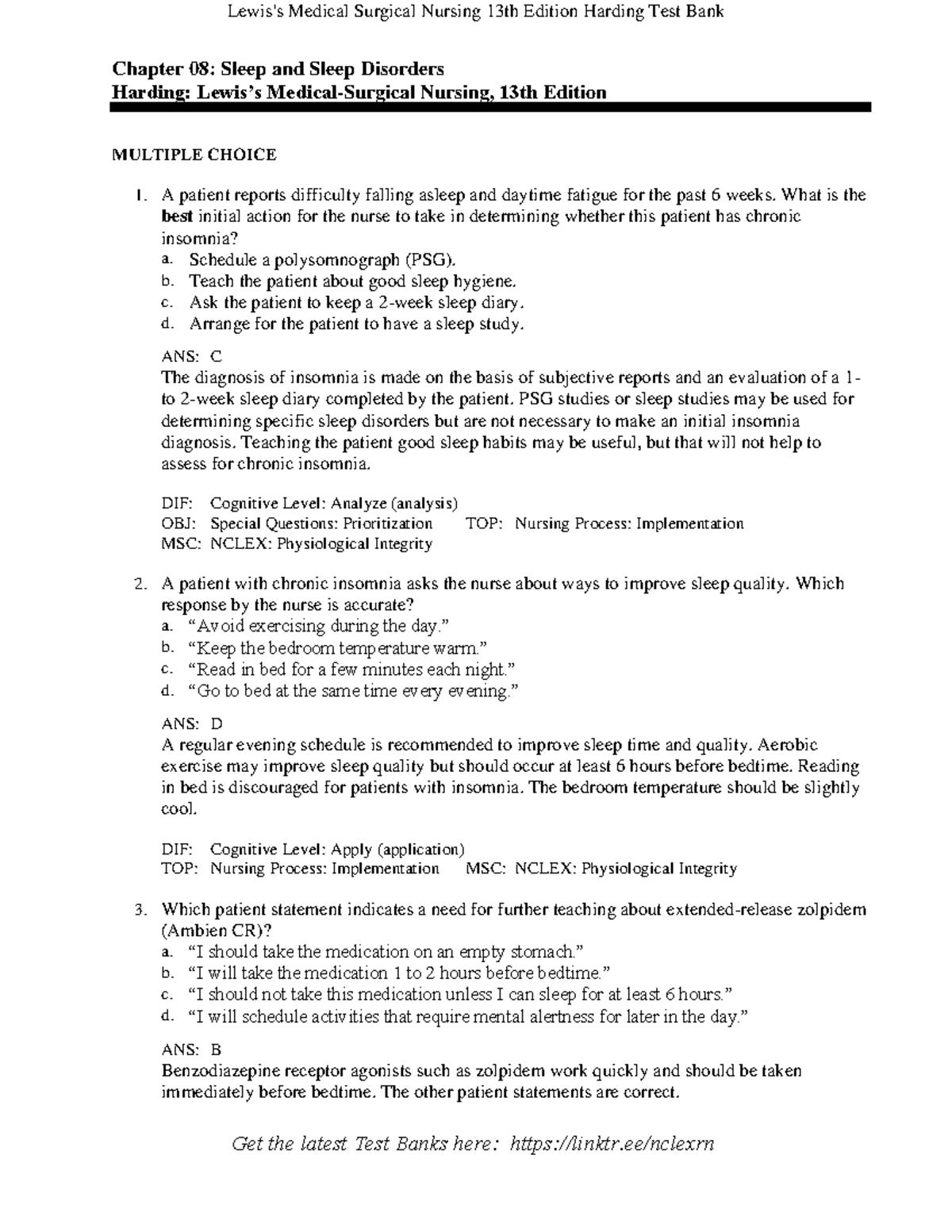 Ch08 Sleep and Sleep Disorders - Test Bank for Medical Surgical Nursing ...