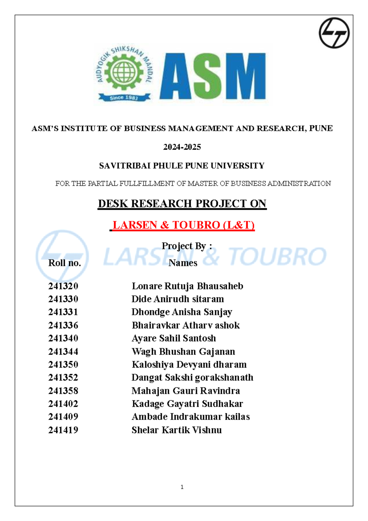 L&T Desk Research Project Report - MBA Sem 2 - Studocu