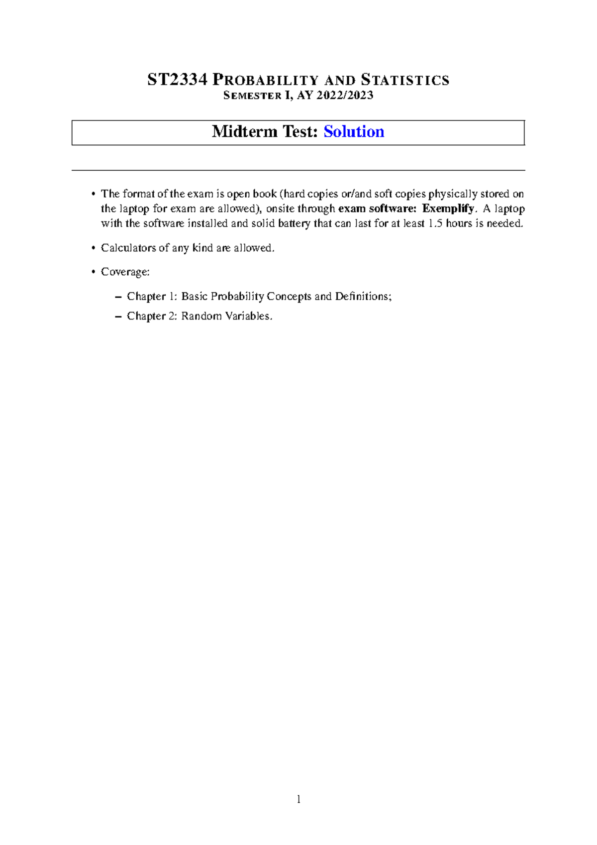 ST2334 Probability and Statistics Semester I Midterm Solutions - Studocu