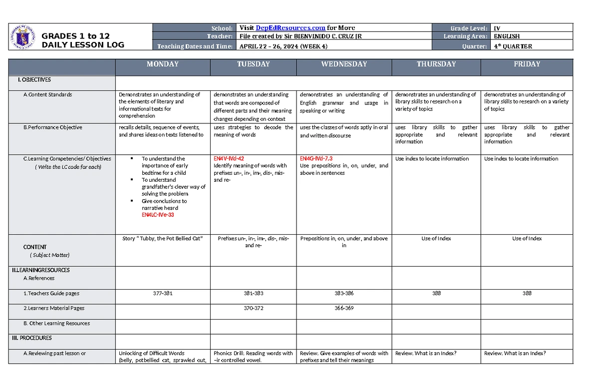 DLL English 4 Q4 W2 - Daily Lesson Log for Grade IV Teachers - Studocu
