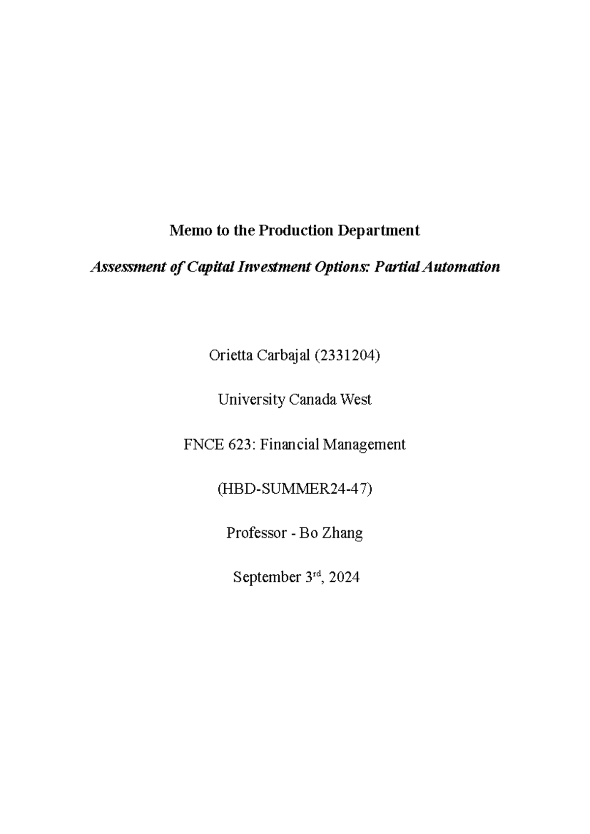 Individual assigment - .mkk - Memo to the Production Department ...