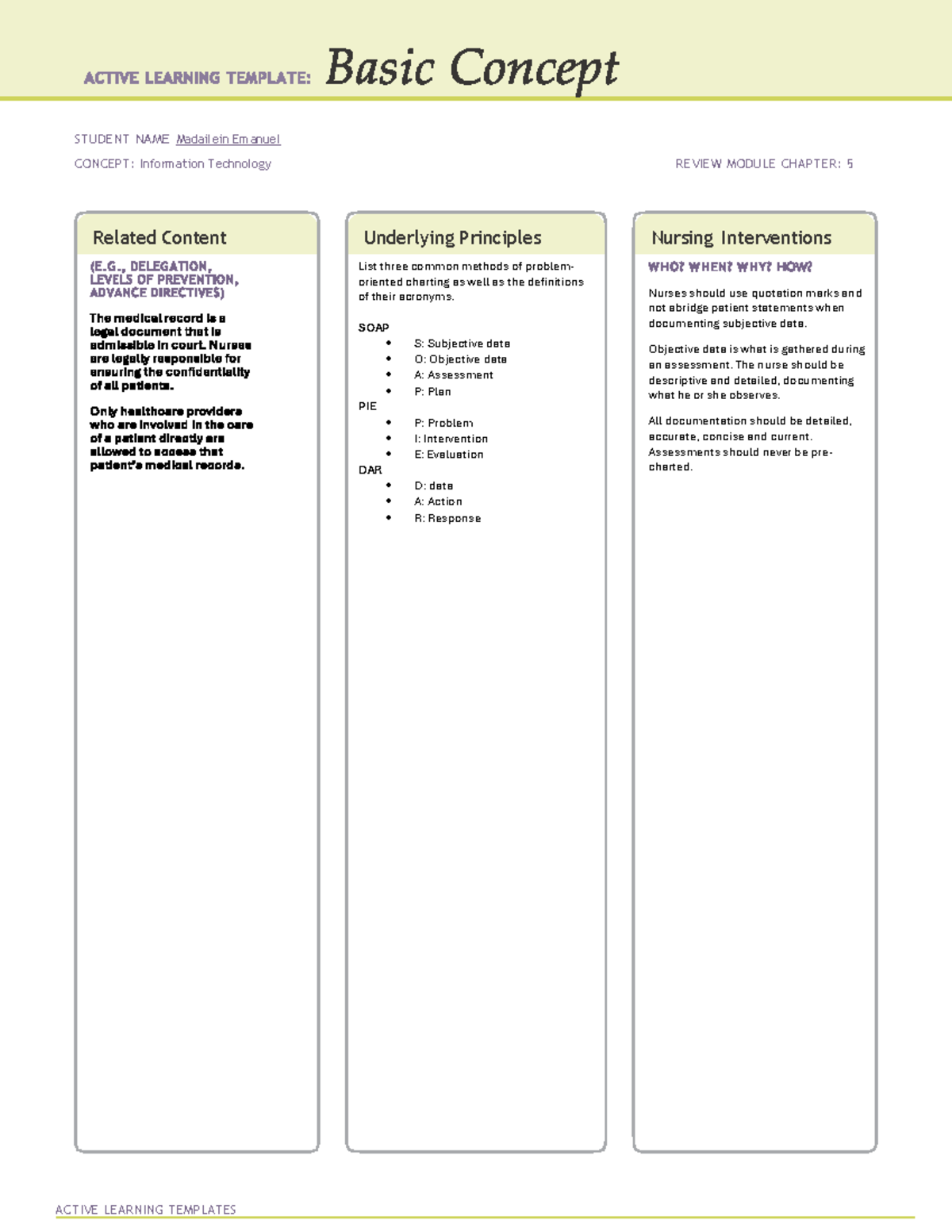 IT 101: Review Module Chapter 5 - Problem-Oriented Charting Methods ...
