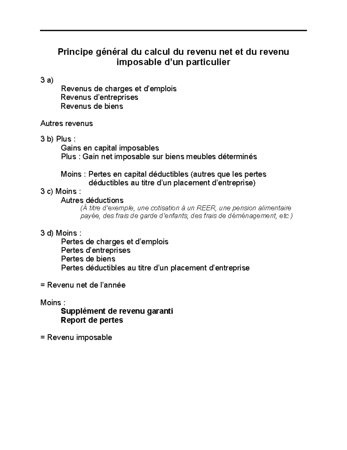 Formule de calcul du revenu net du revenu imposable et de impôt à payer ...