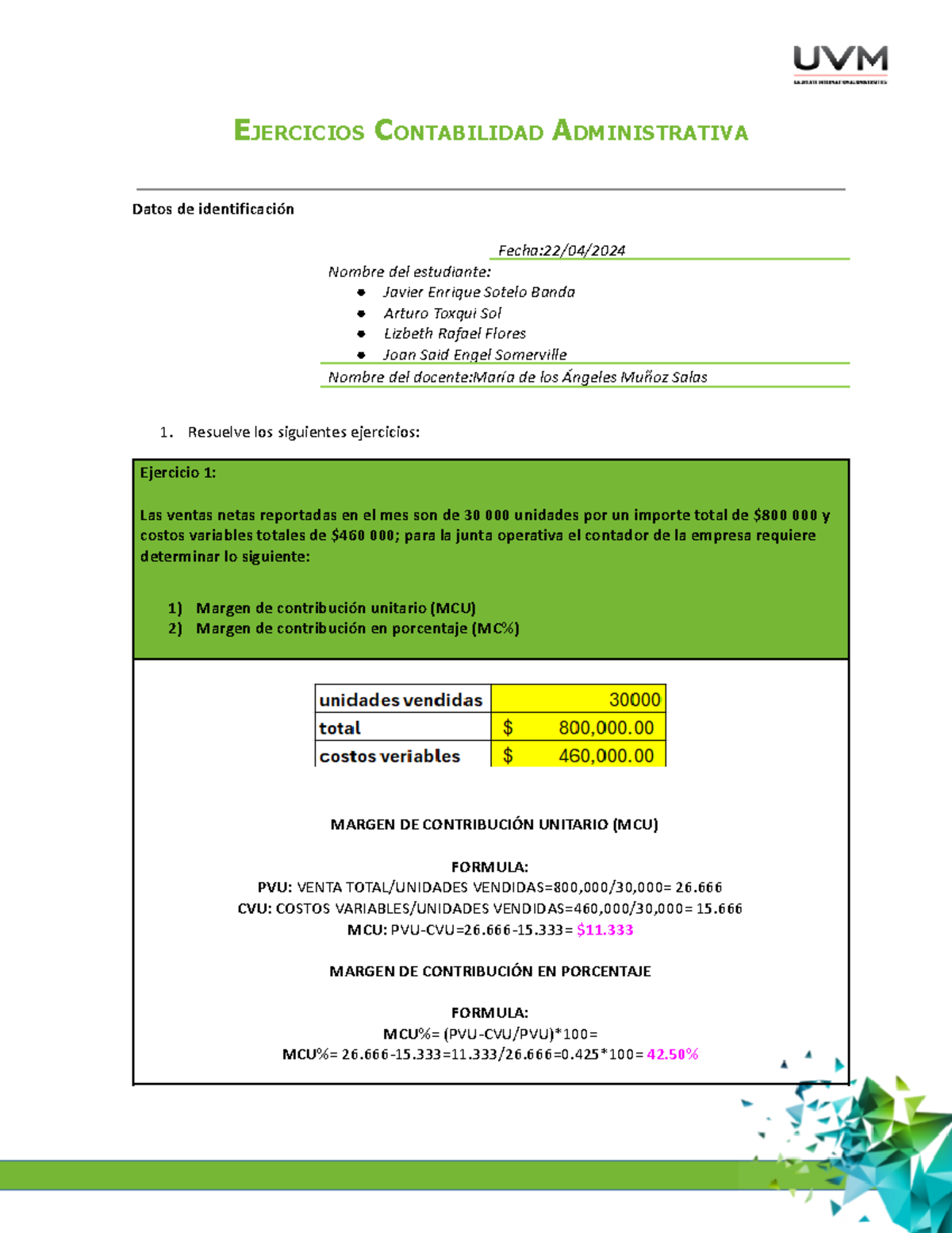 Ejercicios de Contabilidad Administrativa A5 - Margen de Contribución ...