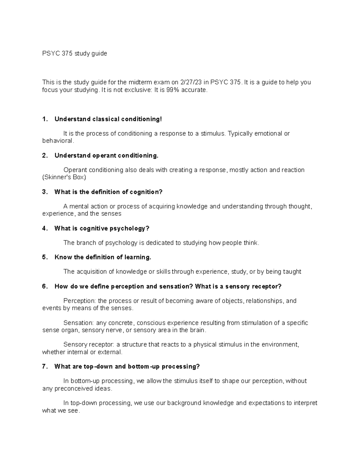 PSYC 375 Midterm Study Guide: Key Concepts & Definitions Review - Studocu