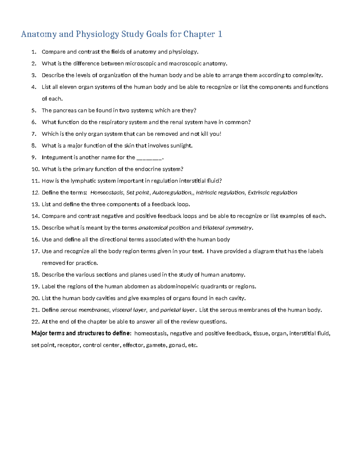 Anatomy & Physiology Study Goals: Chapter 1 Overview - Studocu