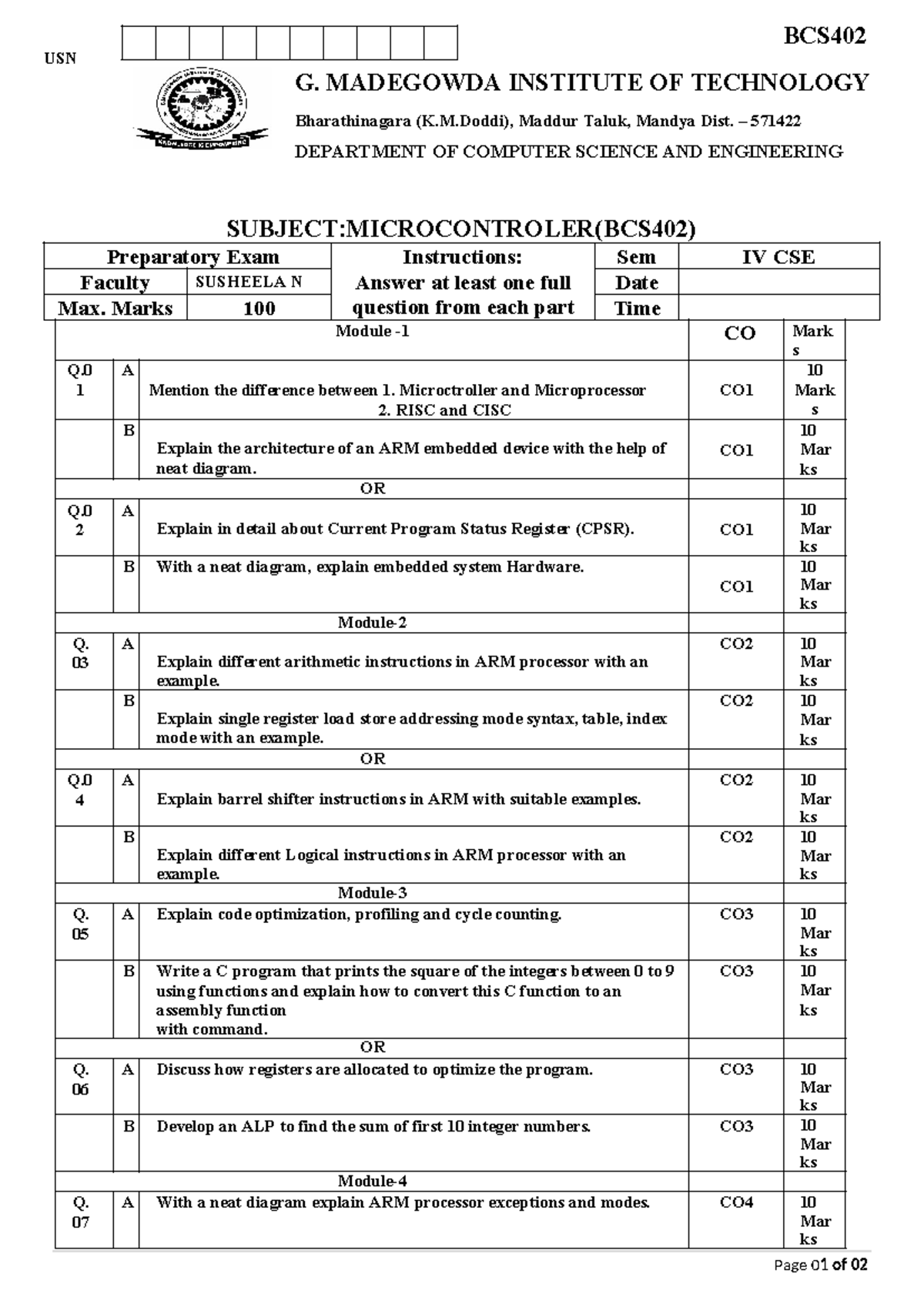 BCS402 Microcontroller Preparatory Exam Questions and Answers - Studocu