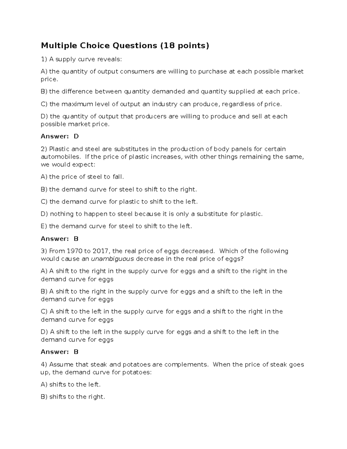 ECON2210 Midterm 1 Practice Answer Key with MCQs & Short Answers - Studocu