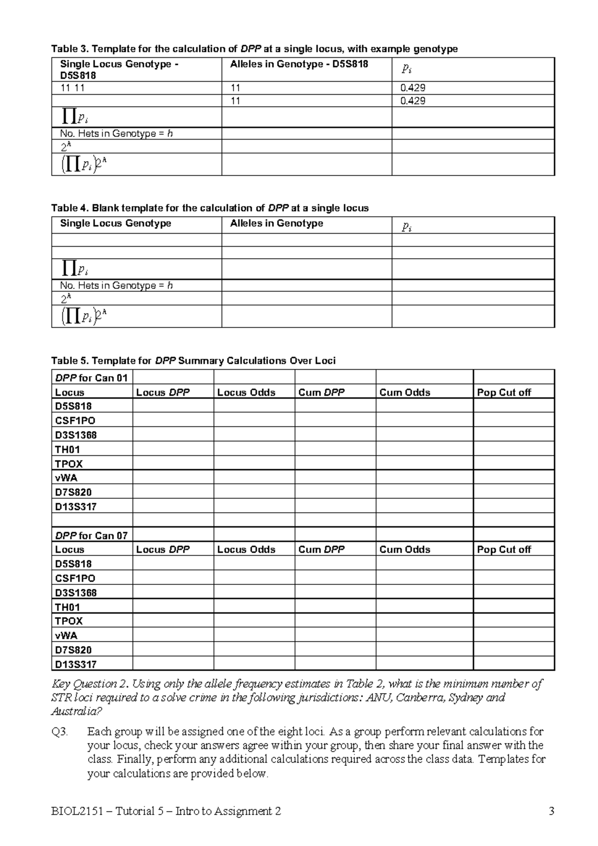 BIOL2151 Tutorial 5: DPP Calculation Templates and Group Assignments ...