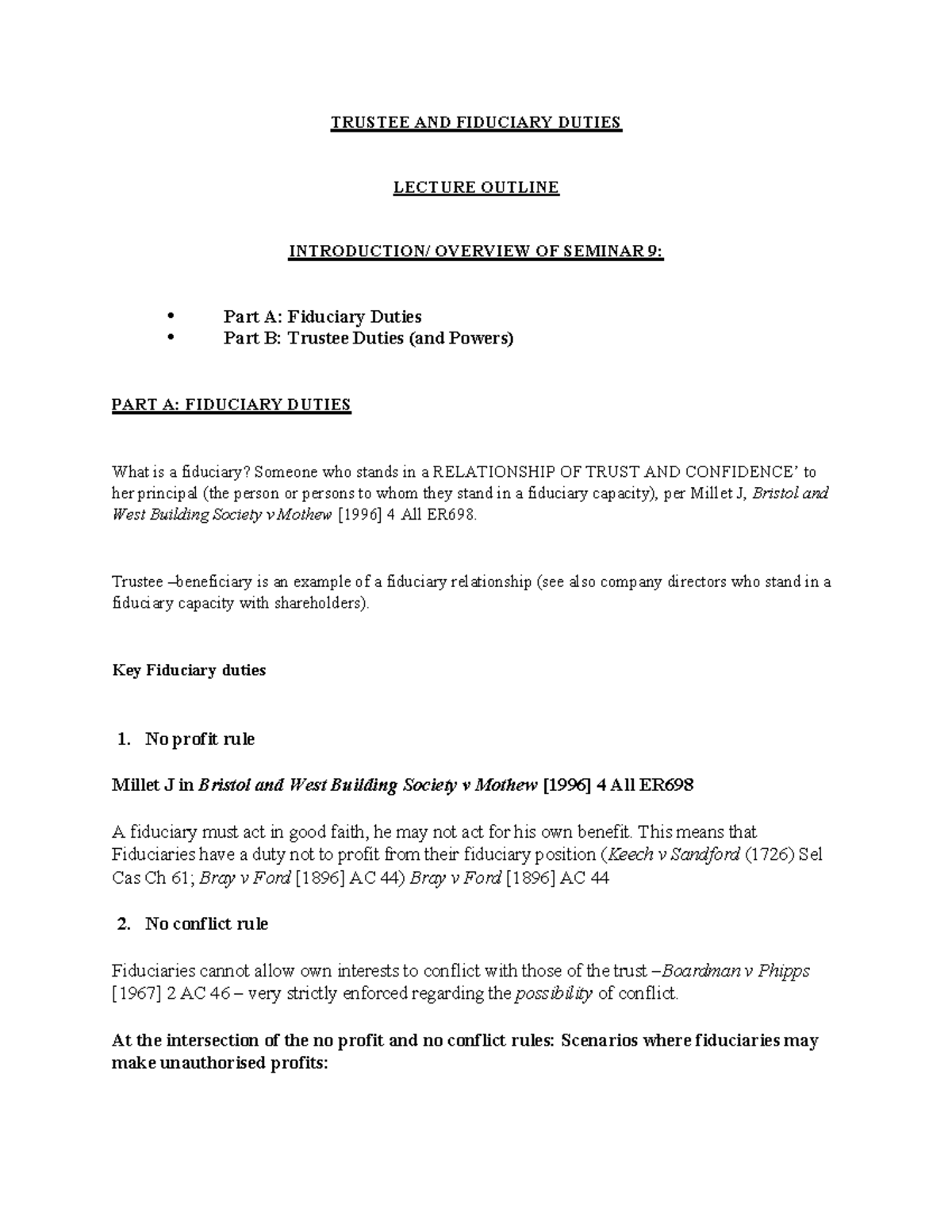 TRUSTEE AND FIDUCIARY DUTIES LECTURE OUTLINE: SEMINAR 9 OVERVIEW - Studocu