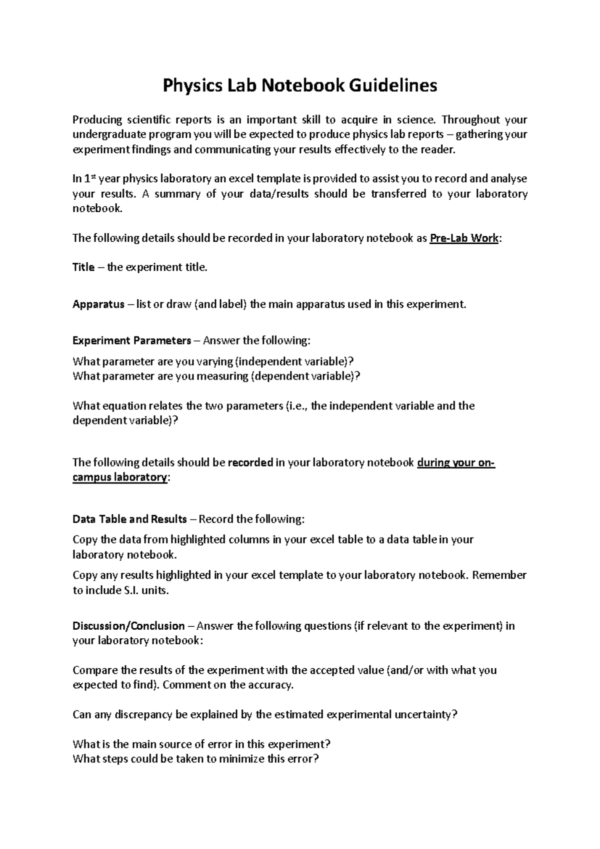 Physics Lab Notebook Guidelines for 1st Year Students - Studocu