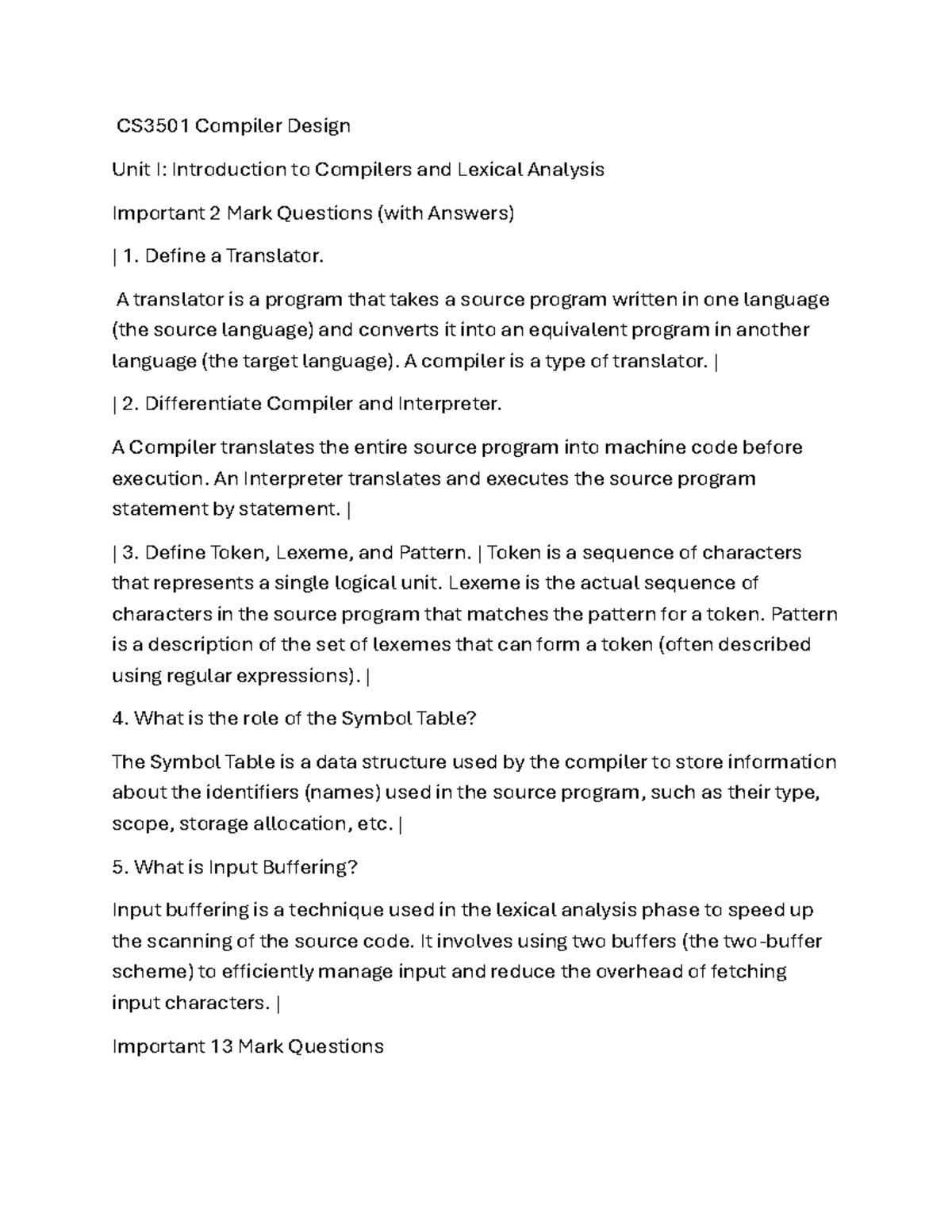 CS3501 Compiler Design: Important 2 & 13 Mark Questions Notes - Studocu