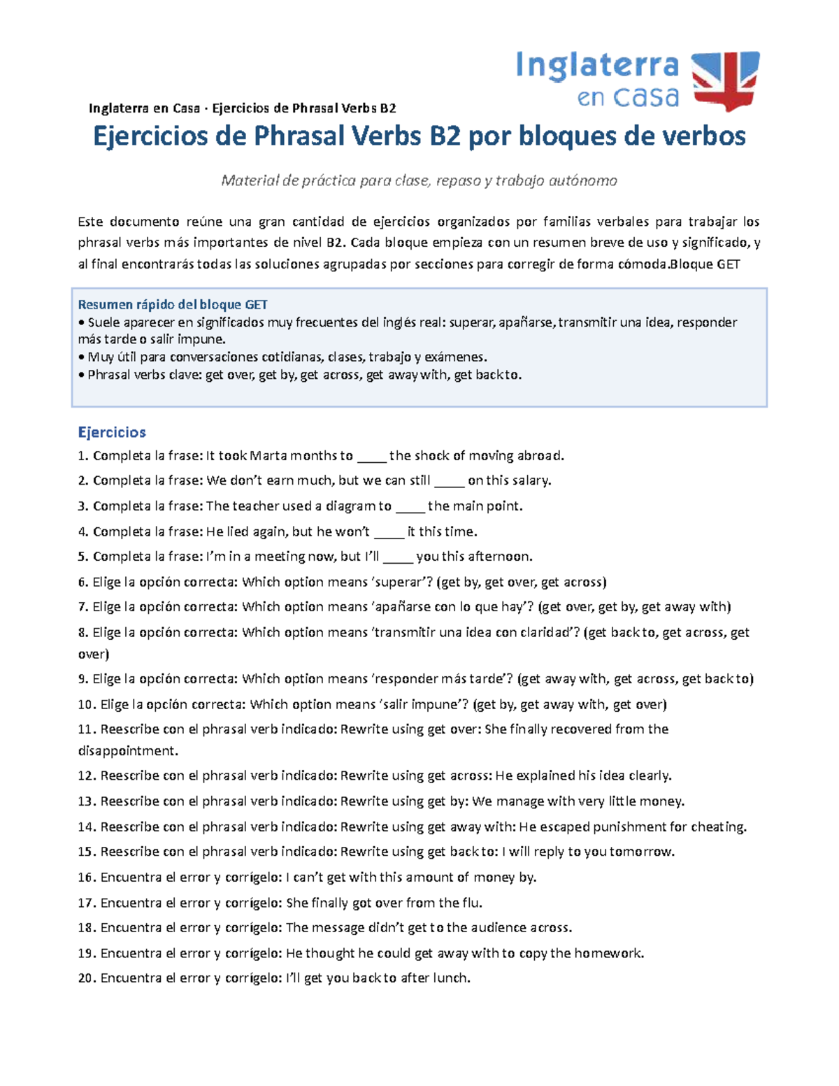Ejercicios de Phrasal Verbs B2: Material de Práctica y Soluciones - Studocu