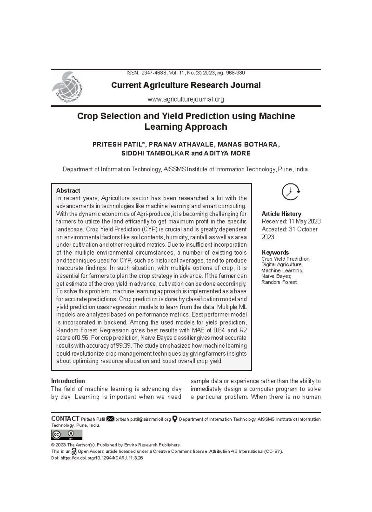 Crop Selection and Yield Prediction Using ML: CARJ Vol. 11 No. 3 (2023 ...