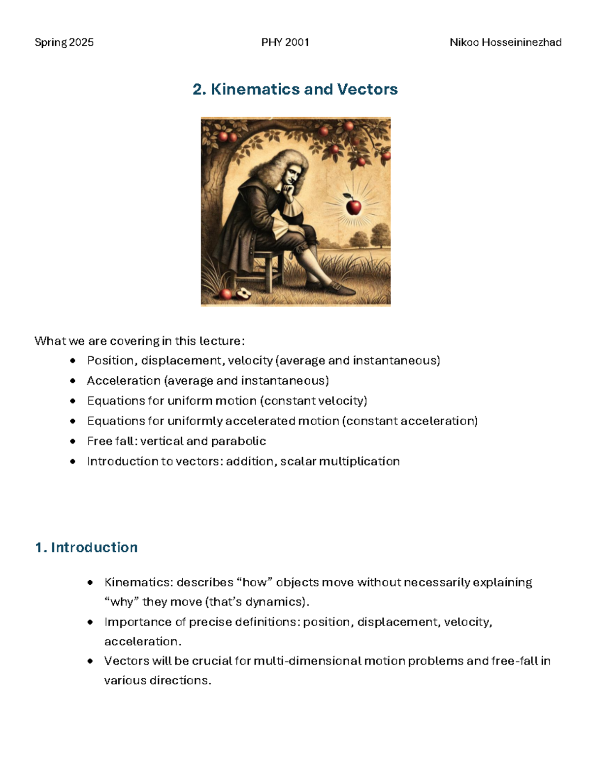 Spring 2025 PHY 2001 Lecture Notes: Kinematics and Vectors - Studocu