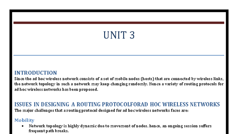 Unit 3: Routing Protocols for Ad Hoc Wireless Networks - Key Issues and ...