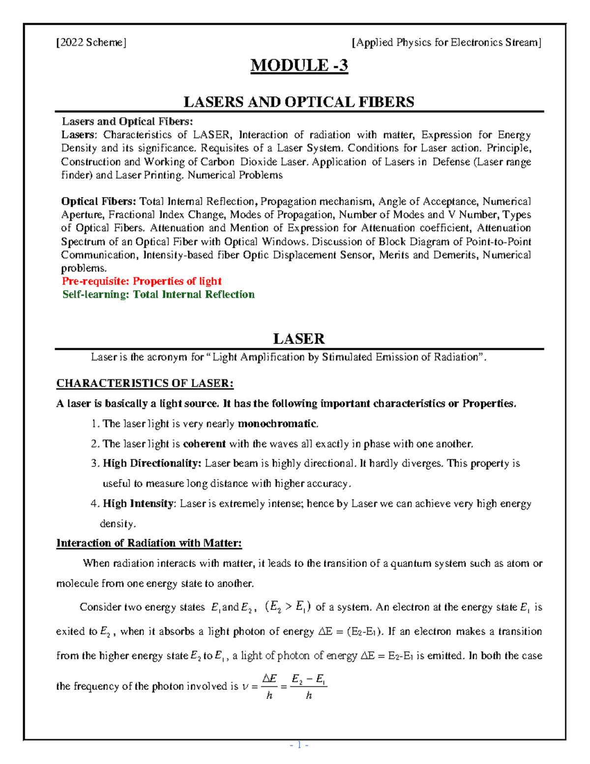 M3 - Notes on Lasers & Optical Fibers for VTU Syllabus - Studocu