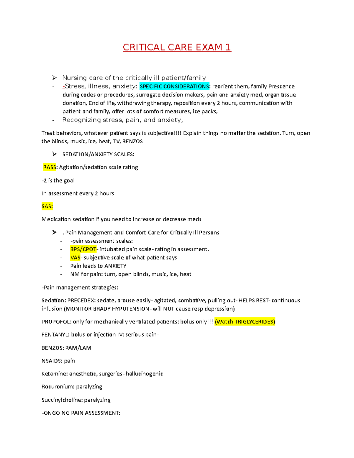 Critical Care Exam 1 - Comprehensive Study Guide for Nursing - Studocu