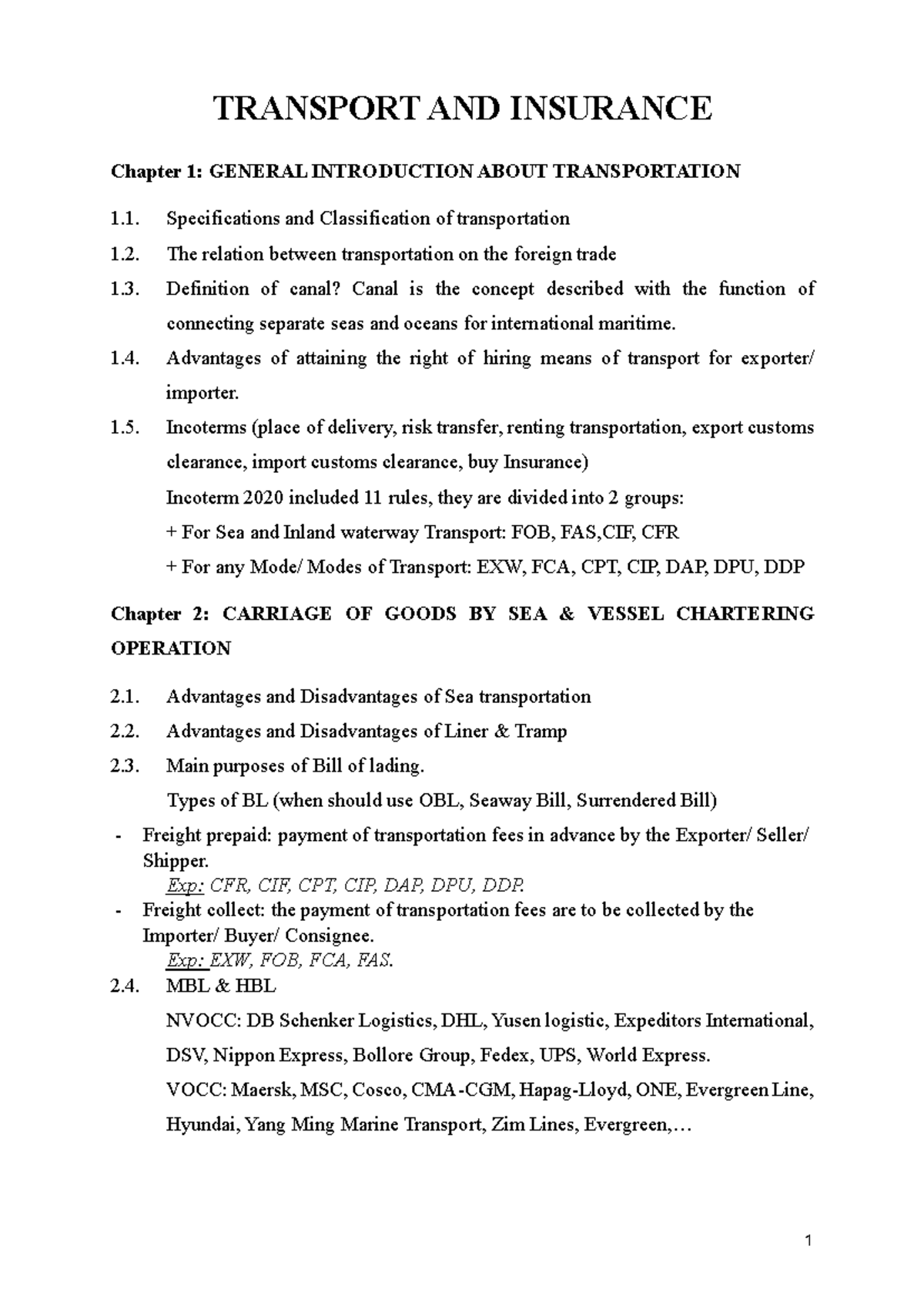 TRANSPORT AND INSURANCE Chapter 1: General Introduction and Overview ...
