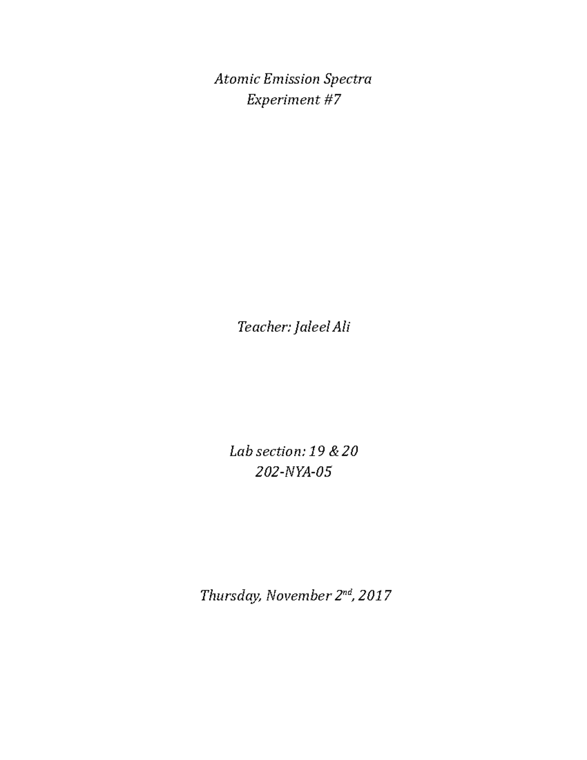 Lab Report on Atomic Emission Spectra (202-NYA) for November 2, 2017 ...