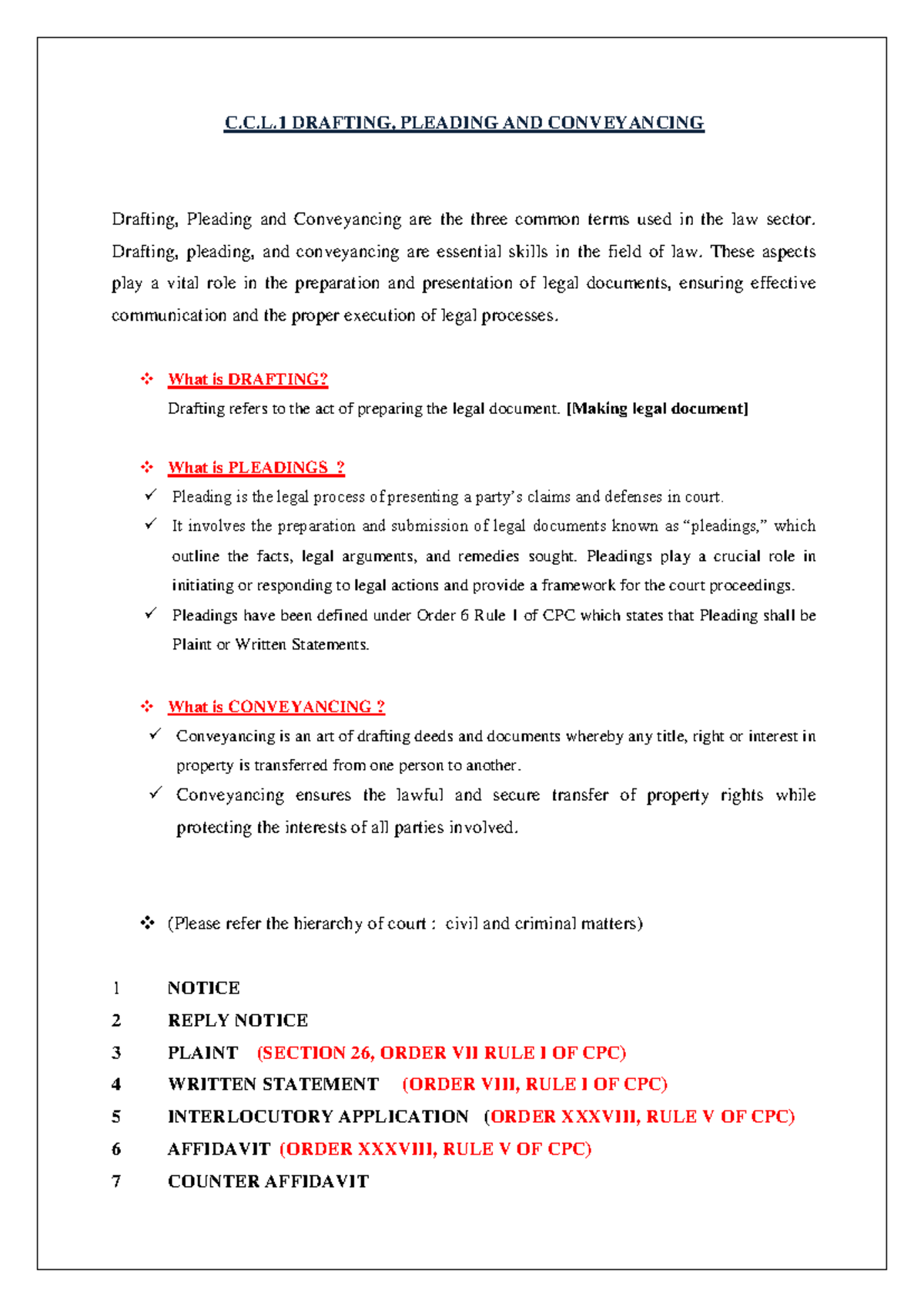 C.C.L.1 DRAFTING, PLEADING & CONVEYANCING VIVA NOTES for LLB Students ...