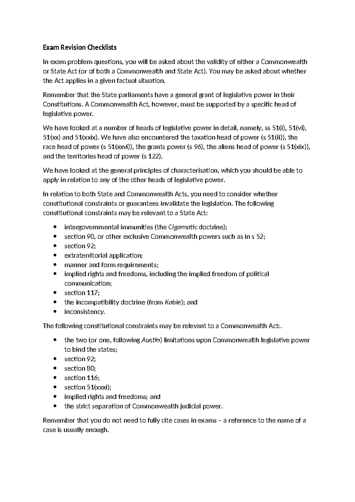 LAWS101 Exam Revision Checklists for Commonwealth and State Acts - Studocu