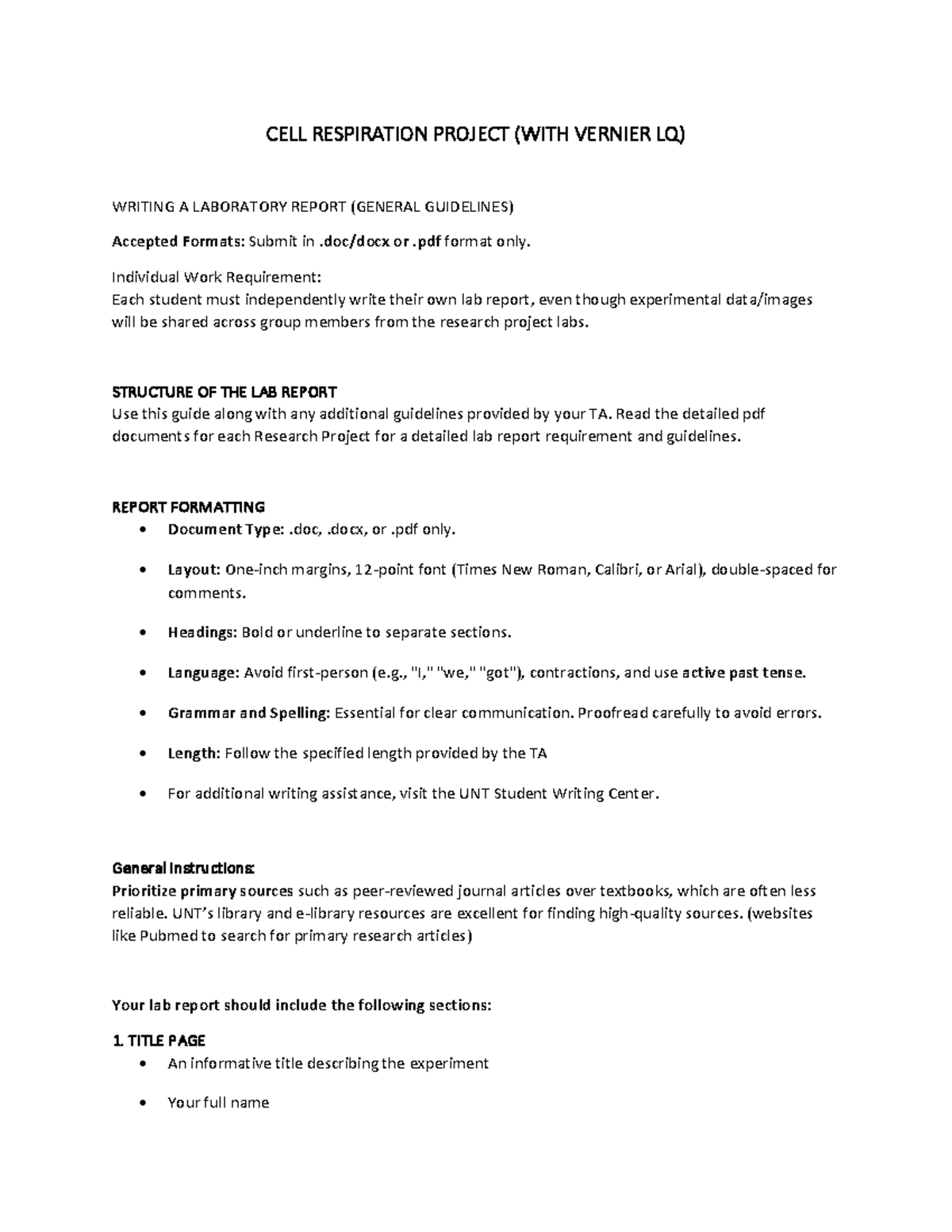 CELL RESPIRATION LAB REPORT GUIDELINES (BIOL 101) - Studocu