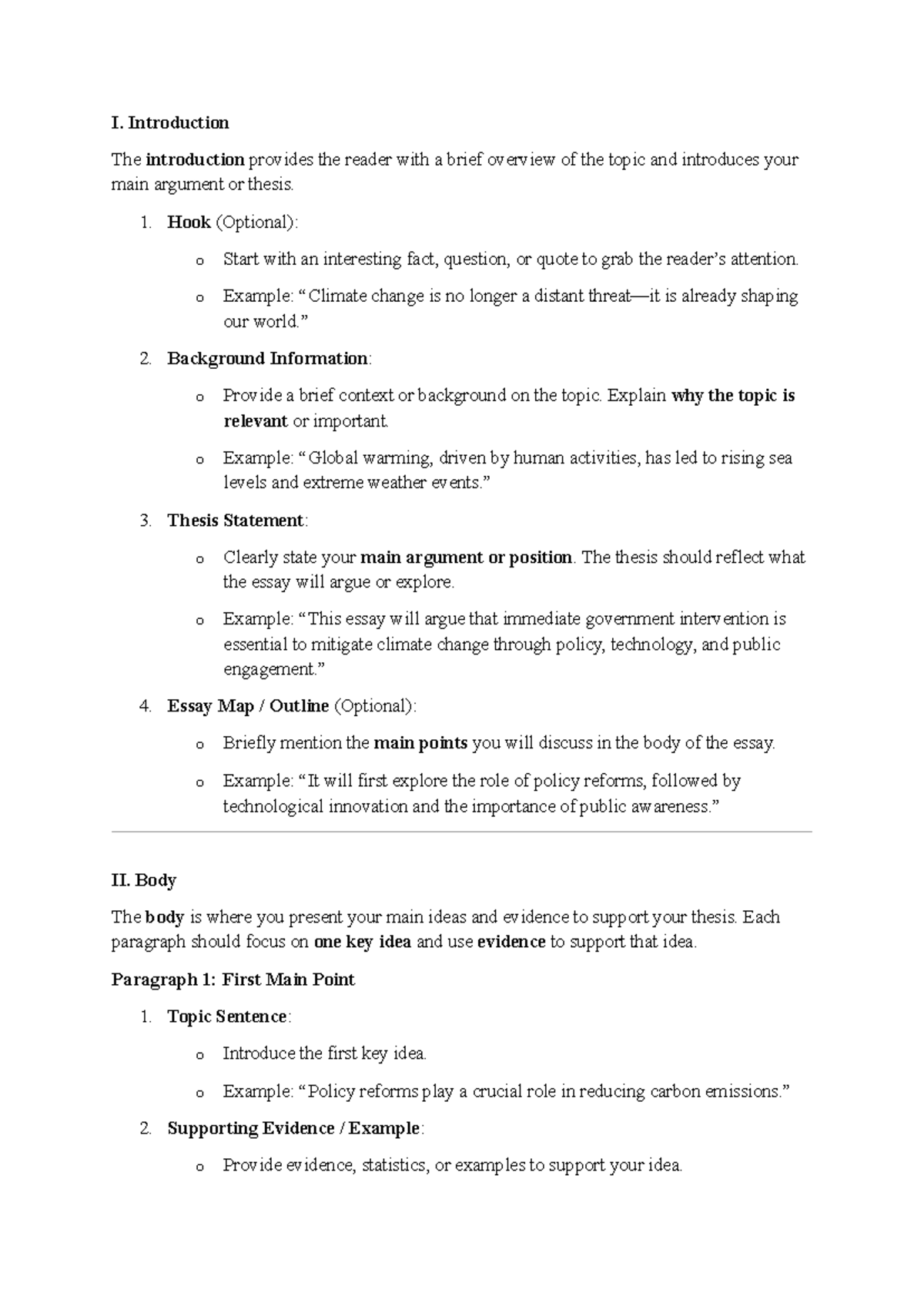Essay Template - I. Introduction The introduction provides the reader ...