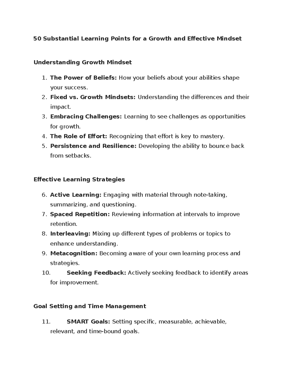 50 Key Learning Points for Growth Mindset Development - Studocu