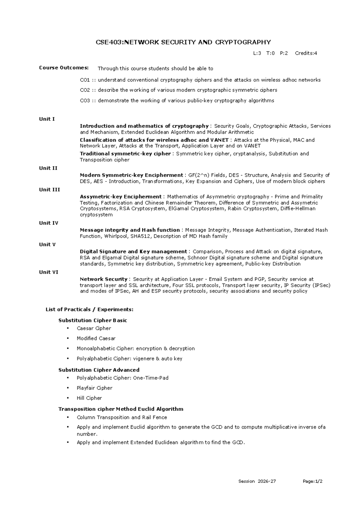 CSE403: Network Security & Cryptography Course Syllabus and Outcomes ...