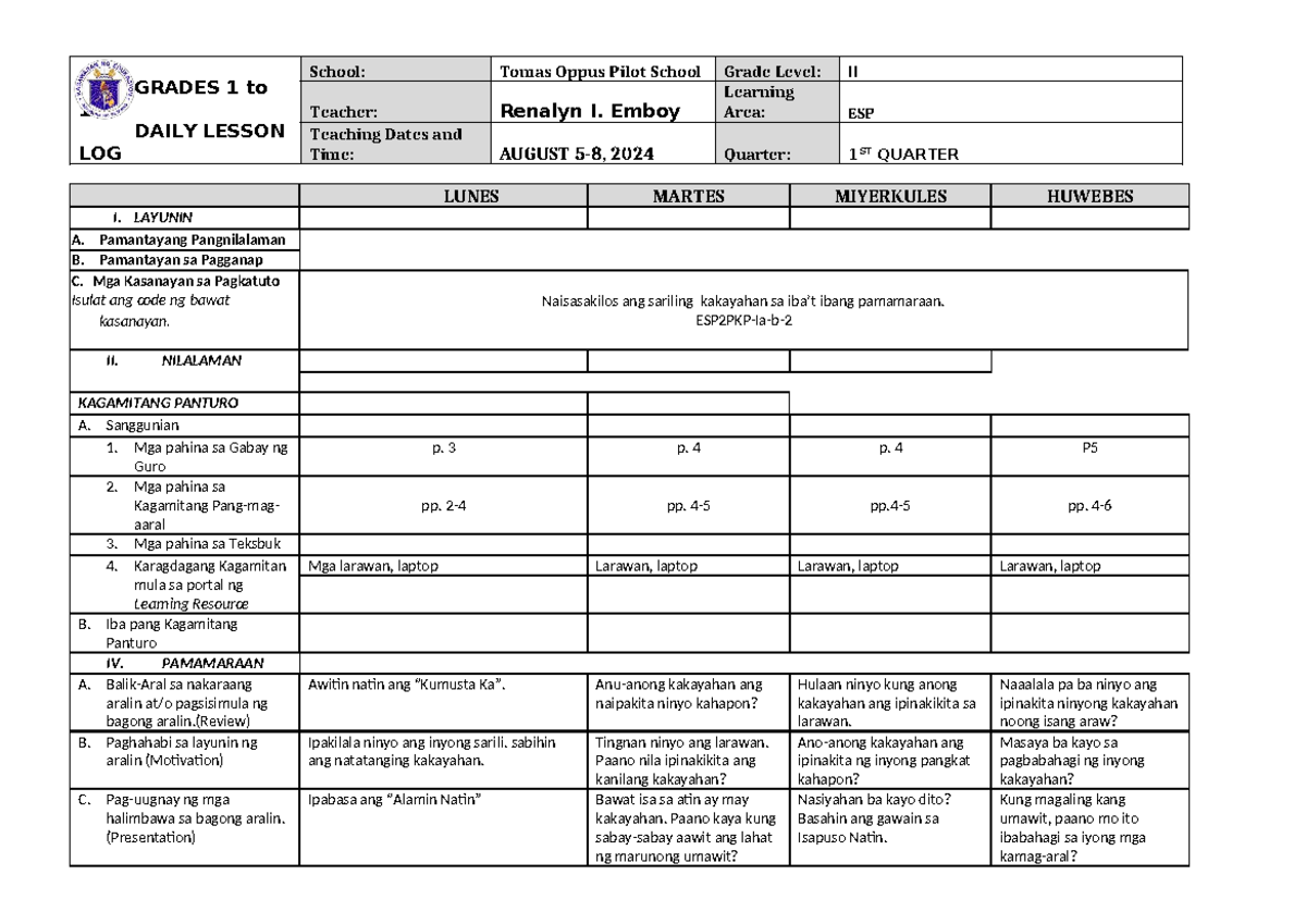 ESP 2 Q1 W1 - Daily Lesson Log for Grade II (Aug 5-8, 2024) - Studocu