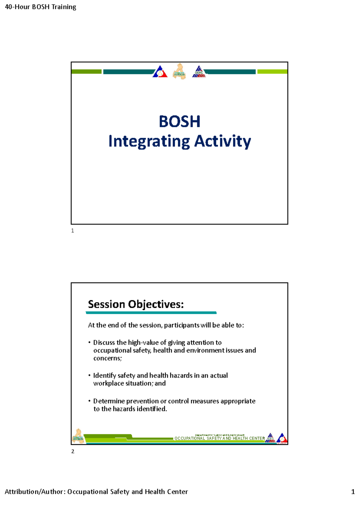Day 4 - Module 4 BOSH Integrating Activity: Participant Guide - Studocu