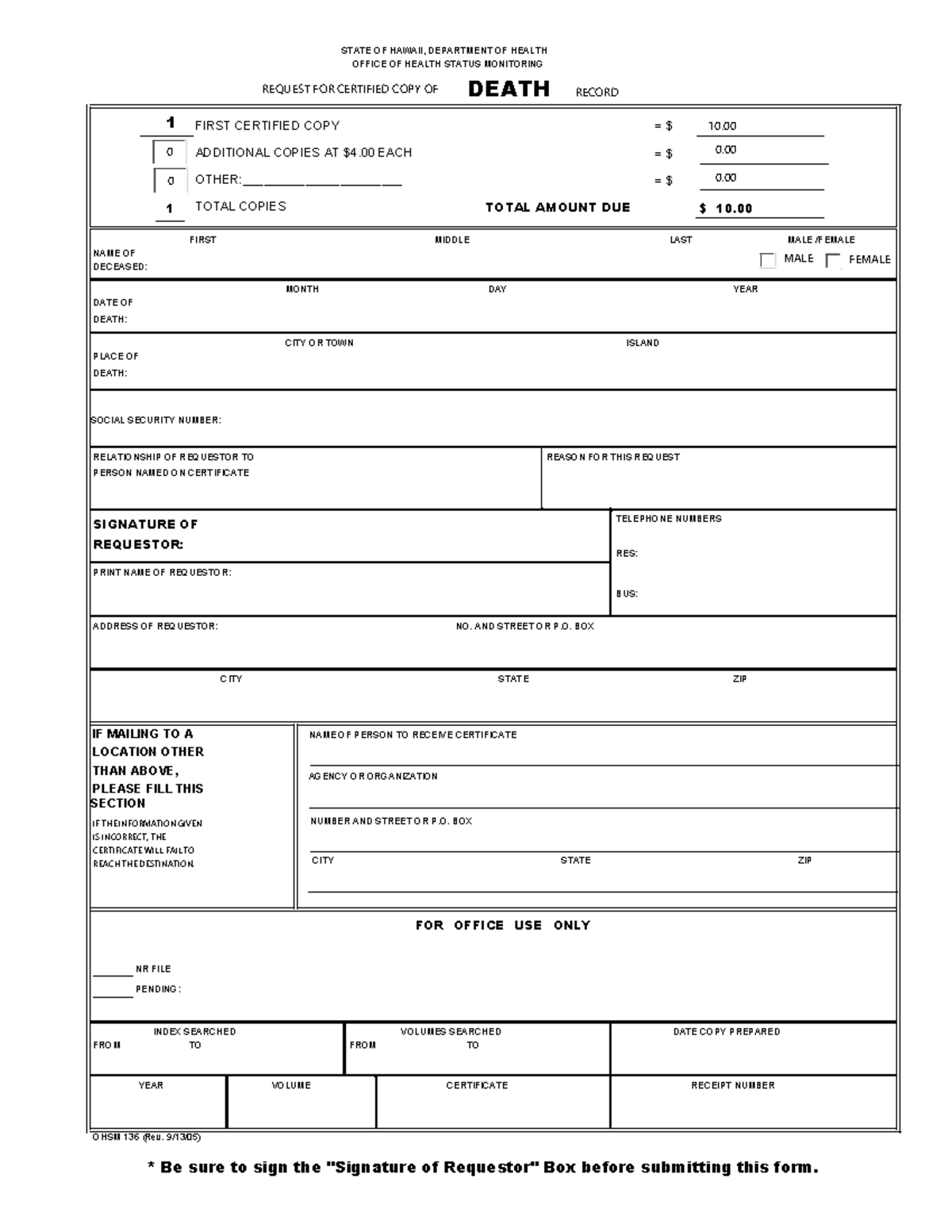 HI - Request for Certified Copy of Death Record Form - Studocu