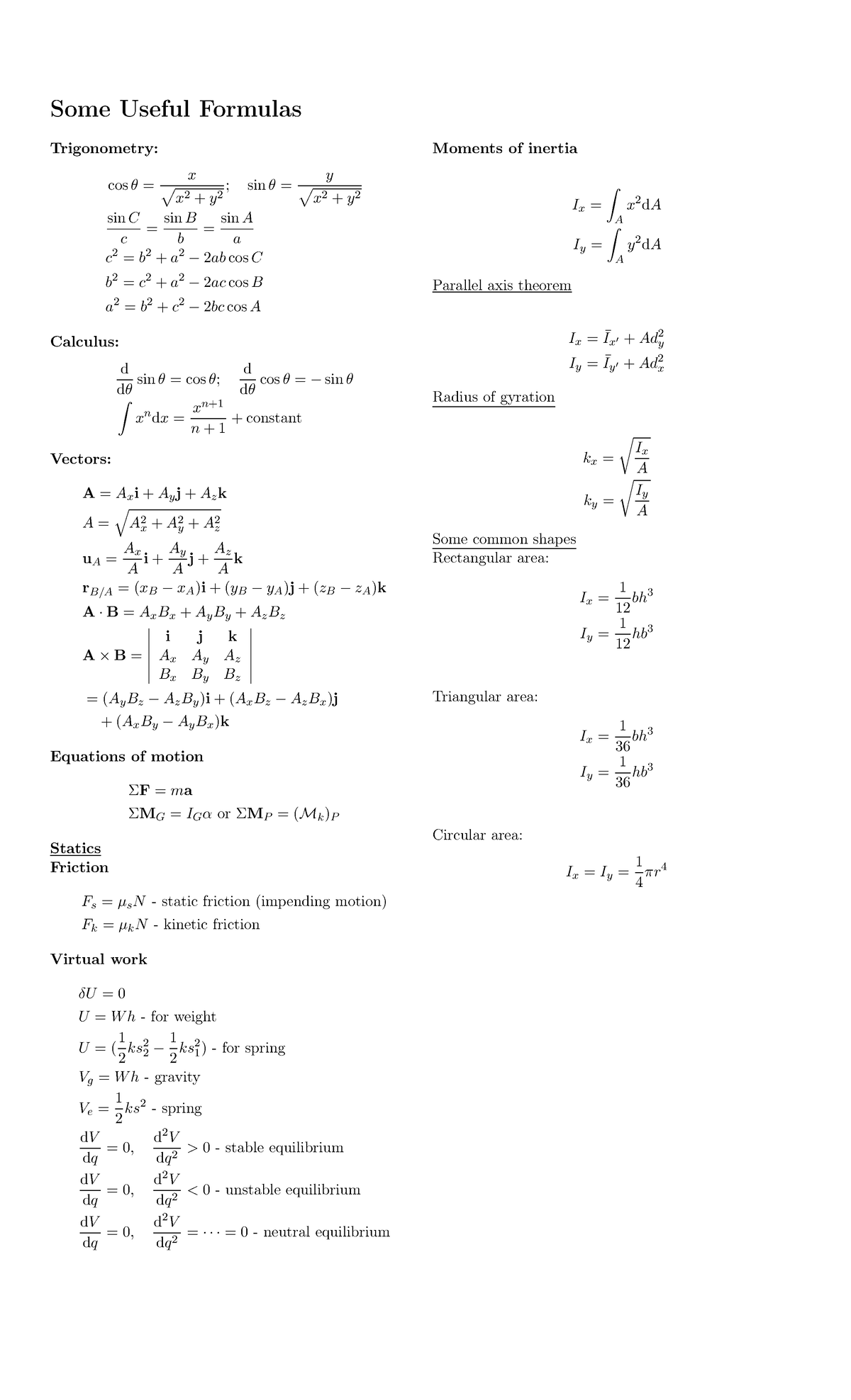 Final Exam Formula Sheet for Trigonometry and Calculus - Studocu