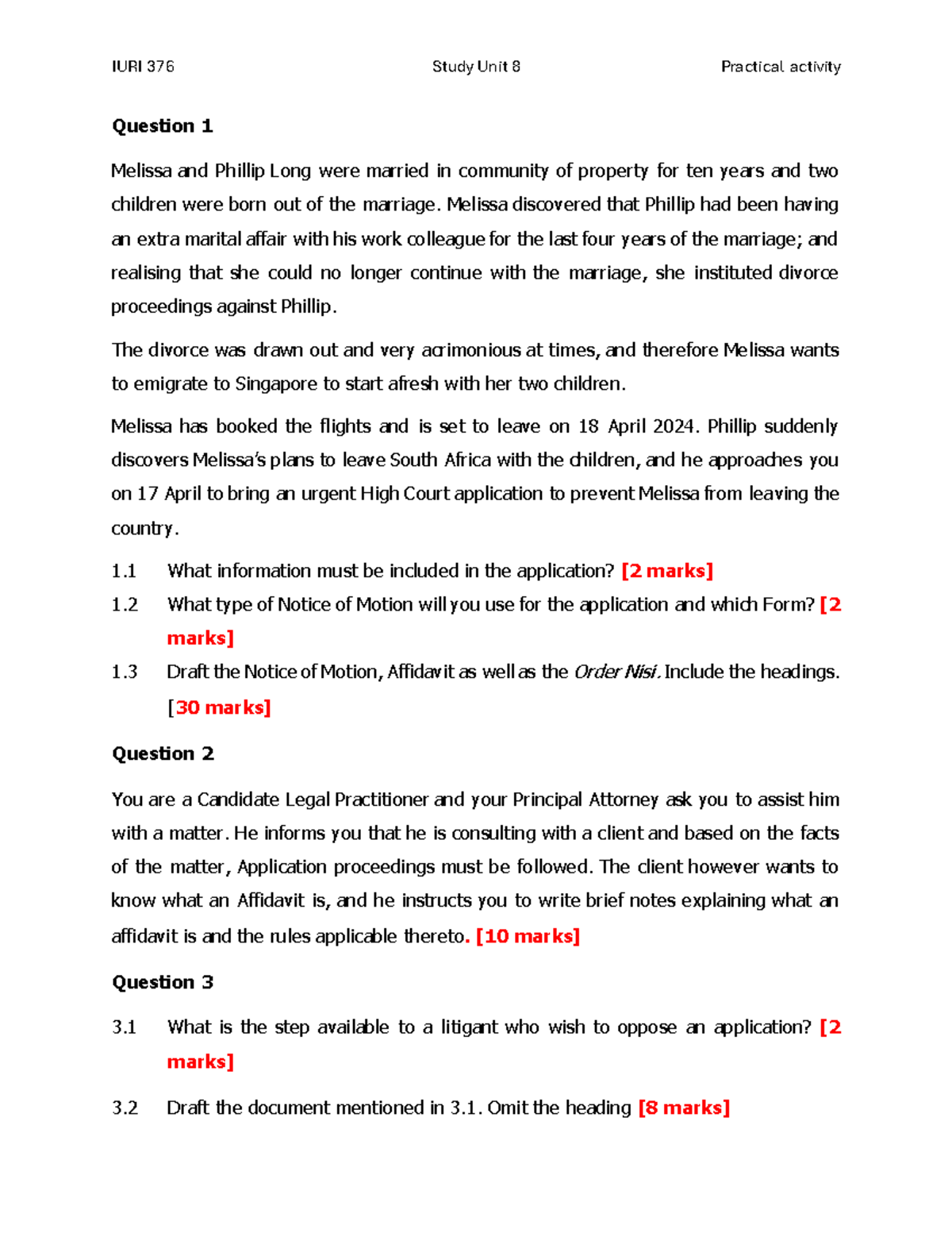 IURI 376 Study Unit 8: Divorce Proceedings & Affidavit Guidelines - Studocu