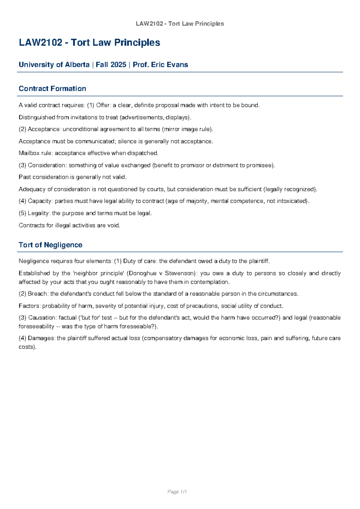 LAW2102 Tort Law Principles Study Notes for Fall 2025 - Studocu
