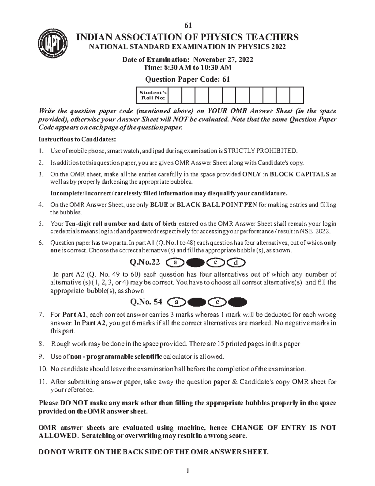 Nsep 2022 23 part i - Test - INDIAN ASSOCIATION OF PHYSICS TEACHERS ...