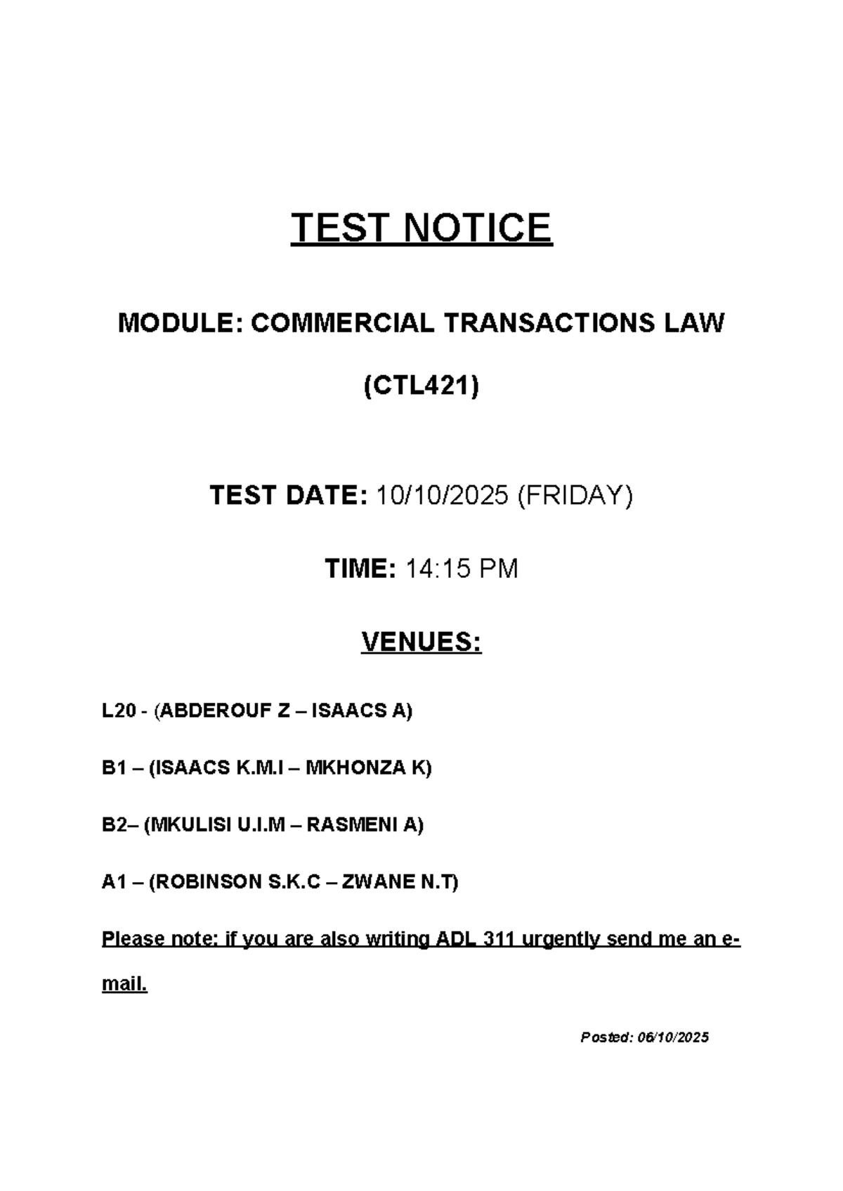 CTL421 Test notice. Test 2 information - LLB - TEST NOTICE MODULE ...