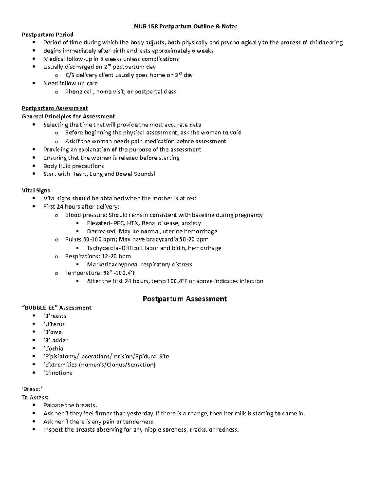 NUR 158 Postpartum Period: Comprehensive Outline & Assessment Notes ...